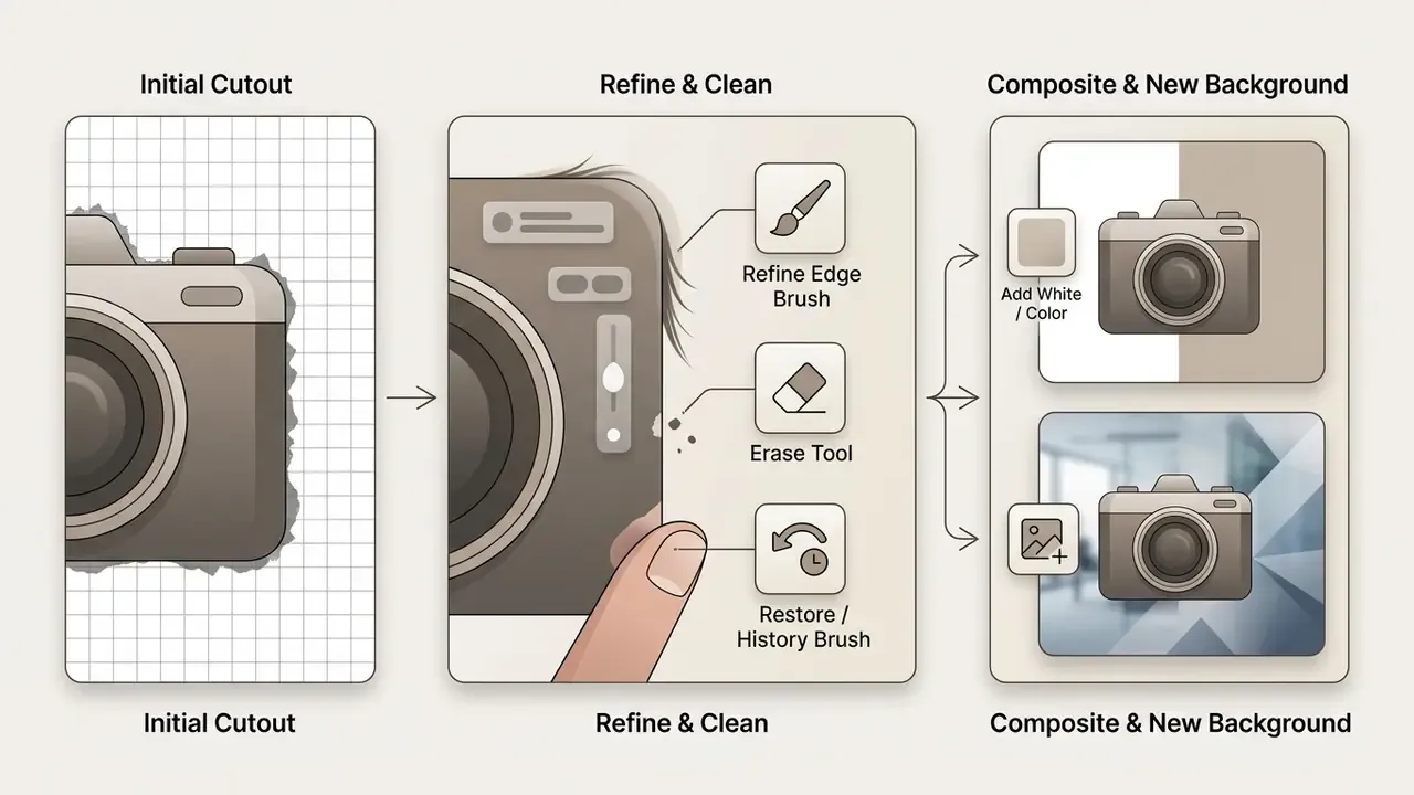 Workflow showing edge refinement tools used to clean up a cutout before adding a new background