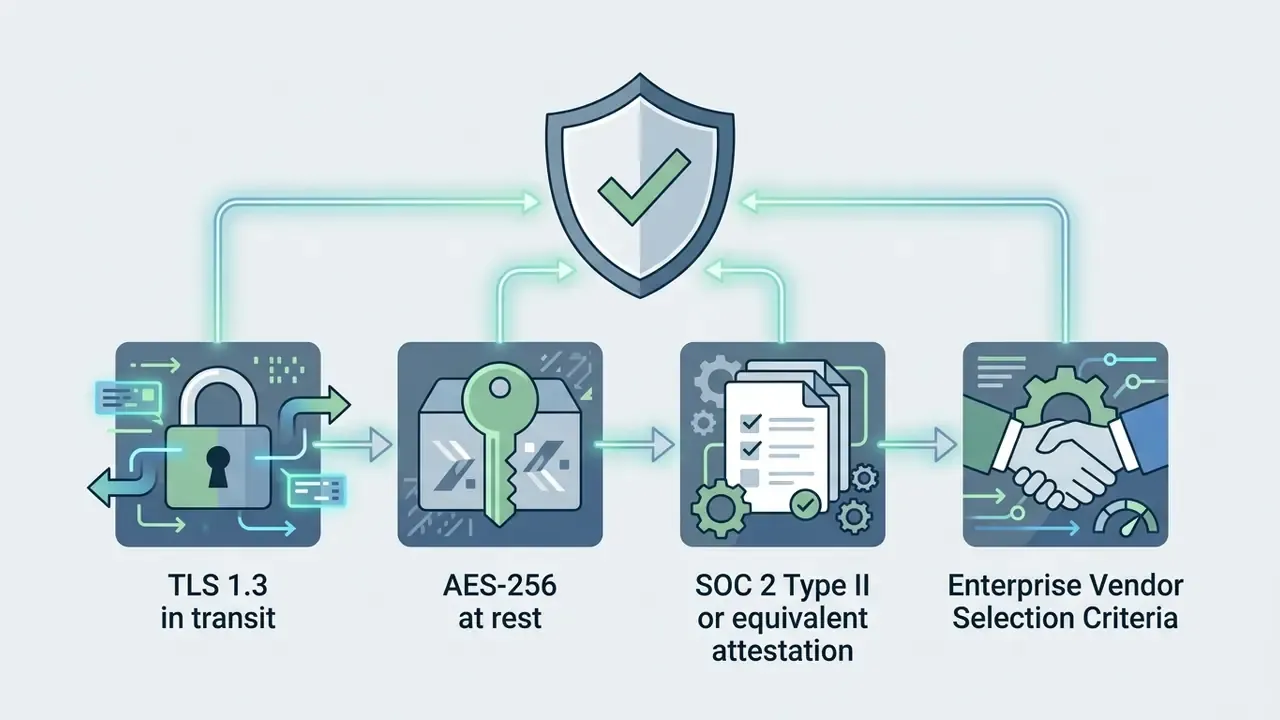 Security icons representing encryption and compliance standards flowing toward a central shield symbol