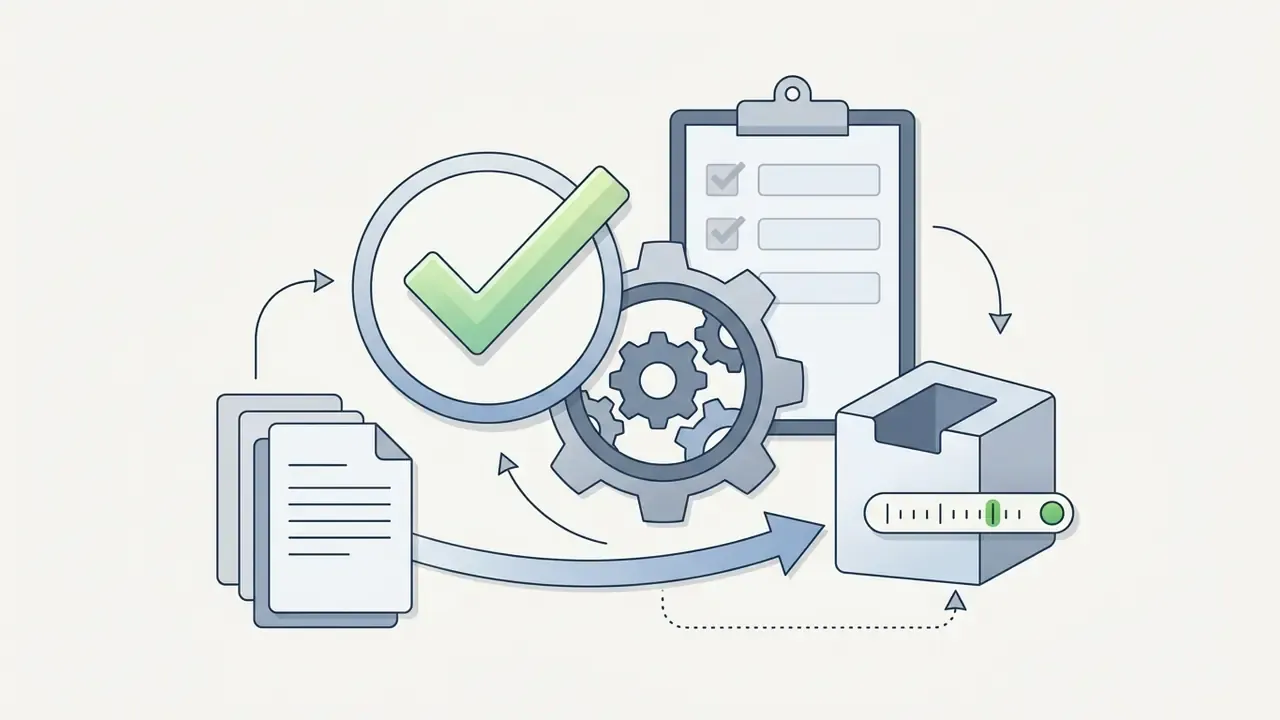 Documents moving through a gear mechanism and checklist to a storage container for data compliance