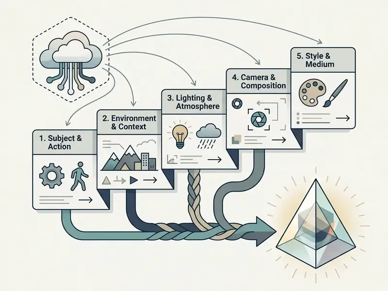 Five sequential steps for building an AI art prompt converging into a single glowing pyramid graphic