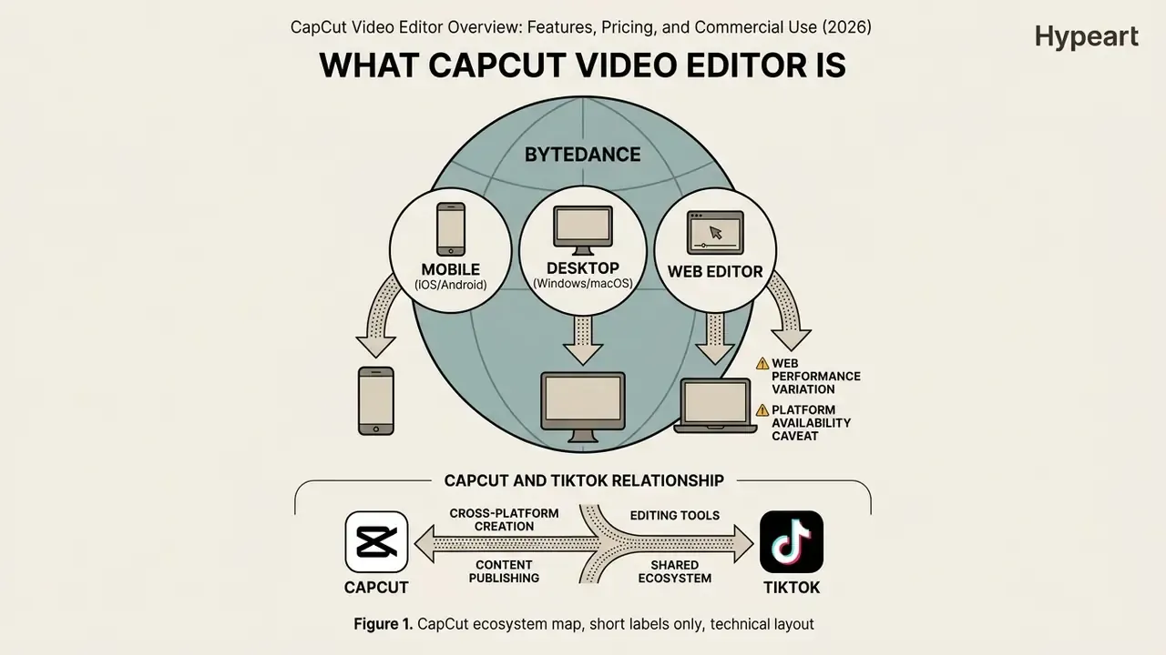 Diagram showing CapCut mobile, desktop, and web availability alongside its connection to TikTok