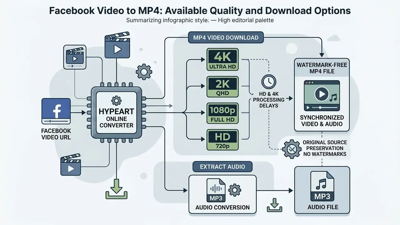 Infographic detailing how a Facebook video download tool processes various quality levels and MP3 extraction