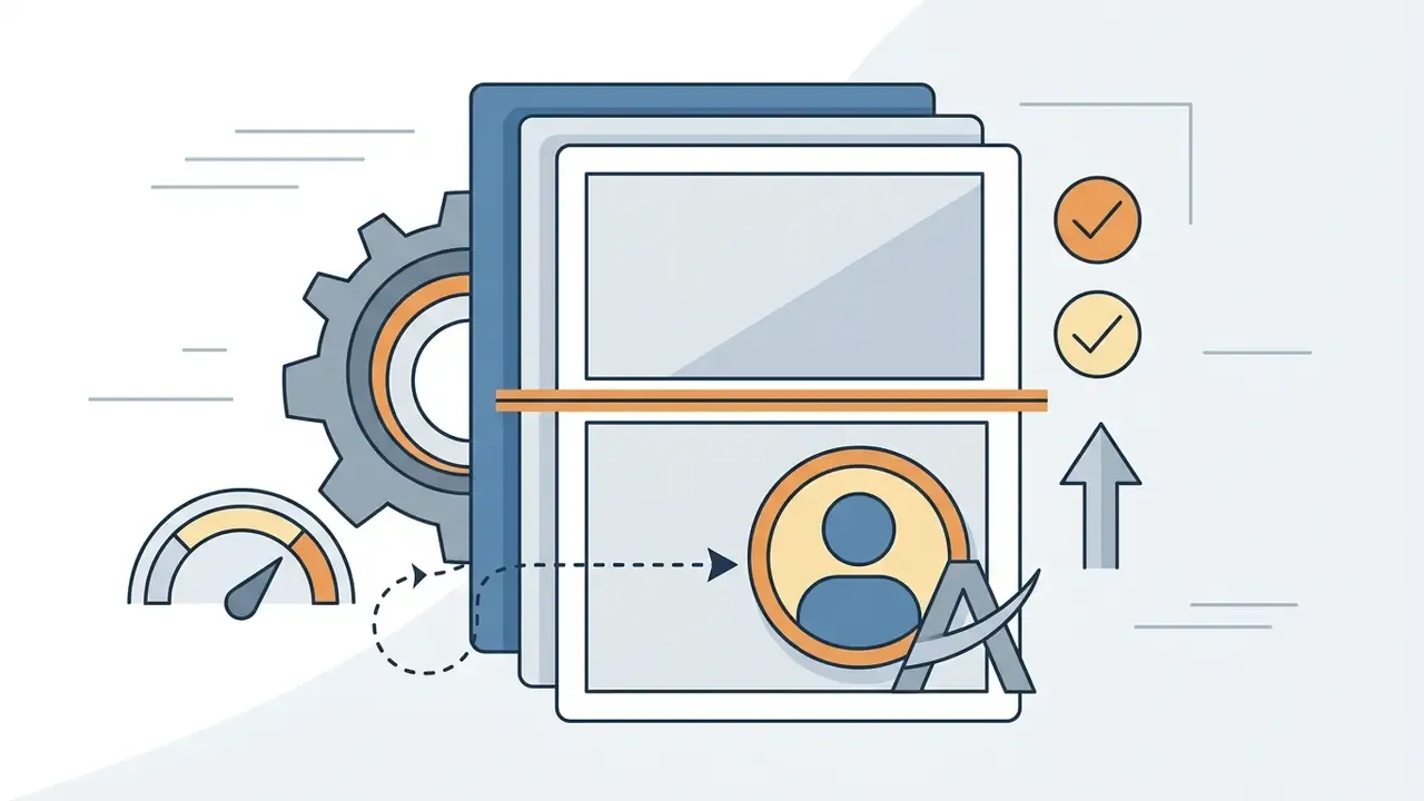 Stacked documents with a gear and speedometer icon pointing toward a user profile and letter A symbol