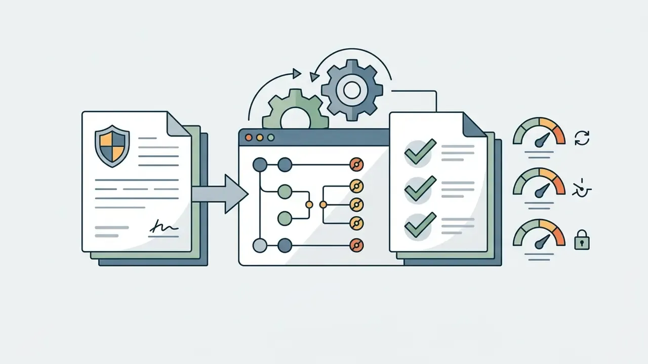 Legal document moving through a processing system with gears and checkmarks to reach compliance gauges