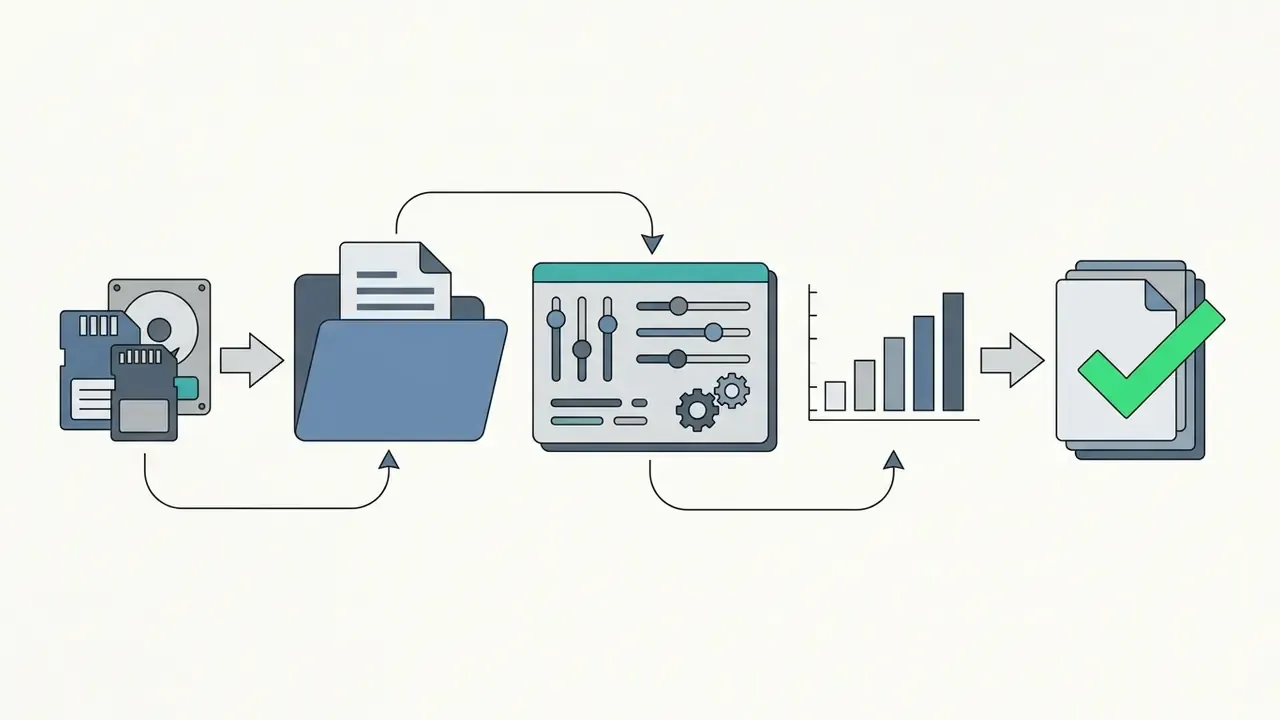 Storage media, file folders, adjustment sliders, and a bar chart leading to a final approved document