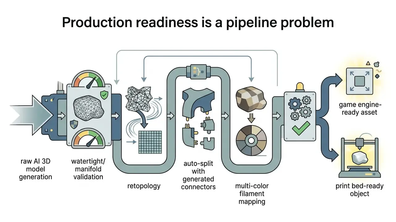 Process flow showing 3D model validation, retopology, auto-splitting, and filament mapping for production