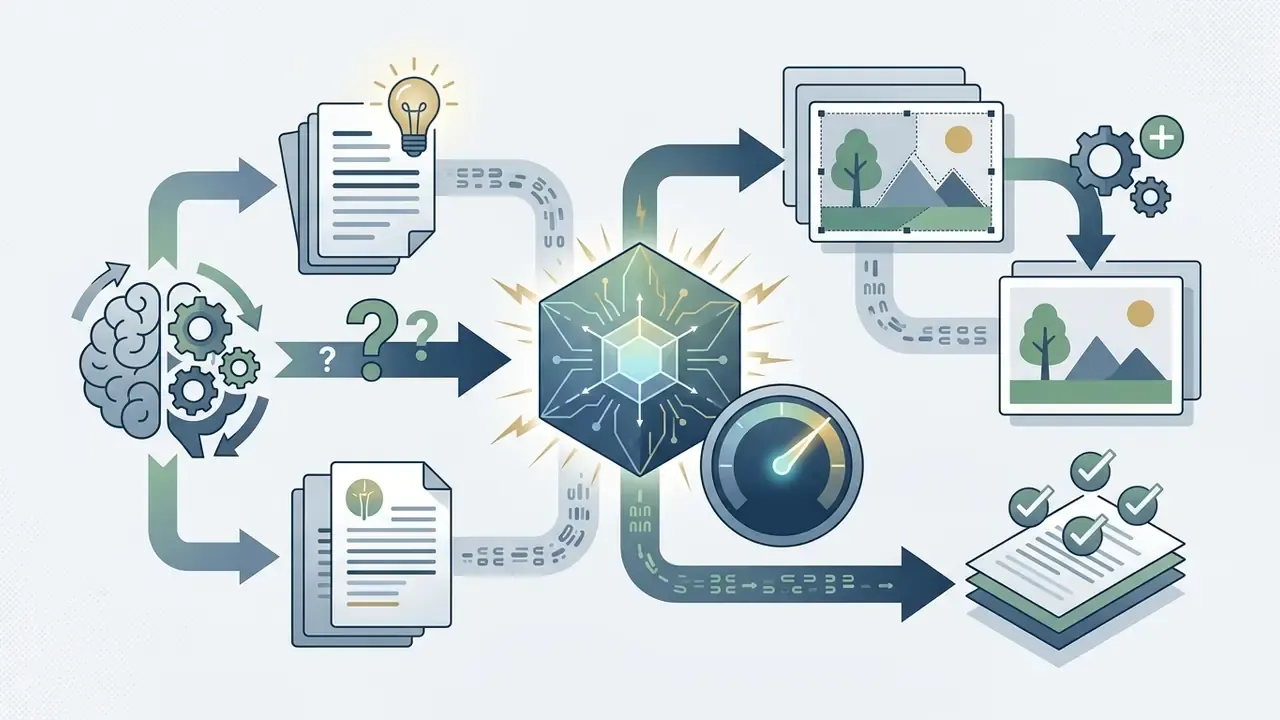 Brain and documents feeding a glowing hexagonal processor that generates images and verified reports