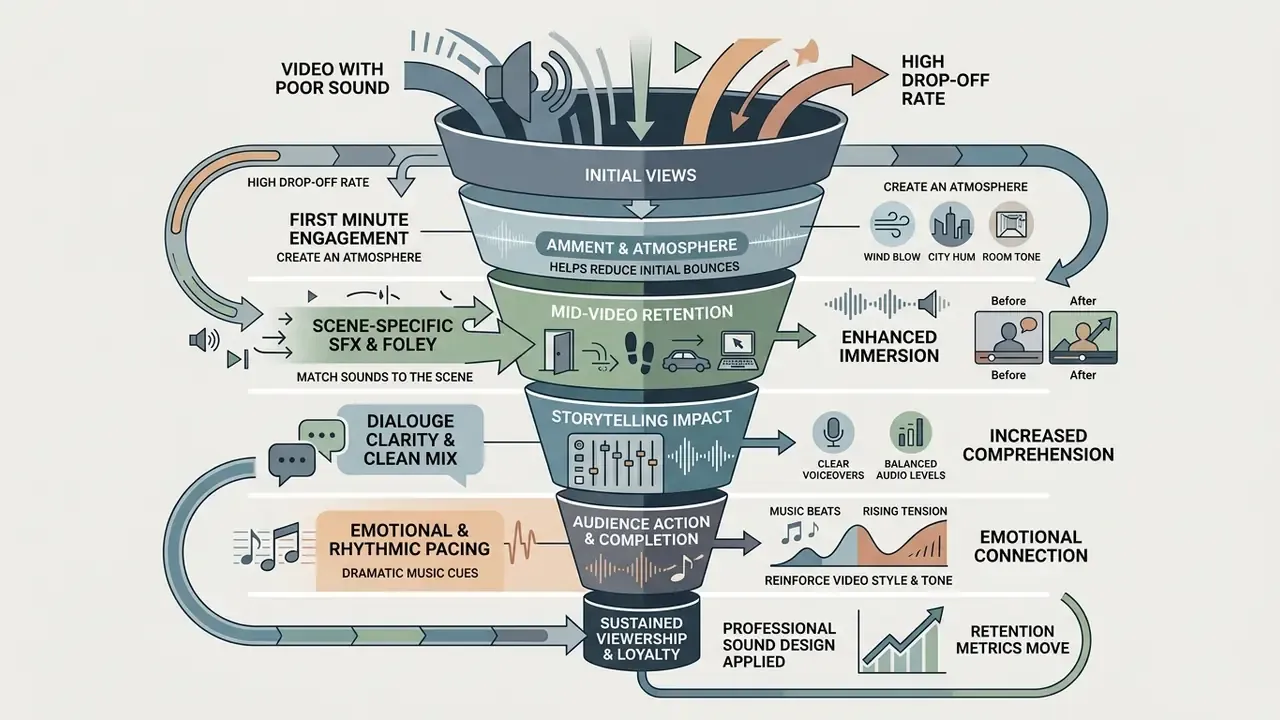 Funnel graphic showing how professional sound design stages improve audience retention and engagement