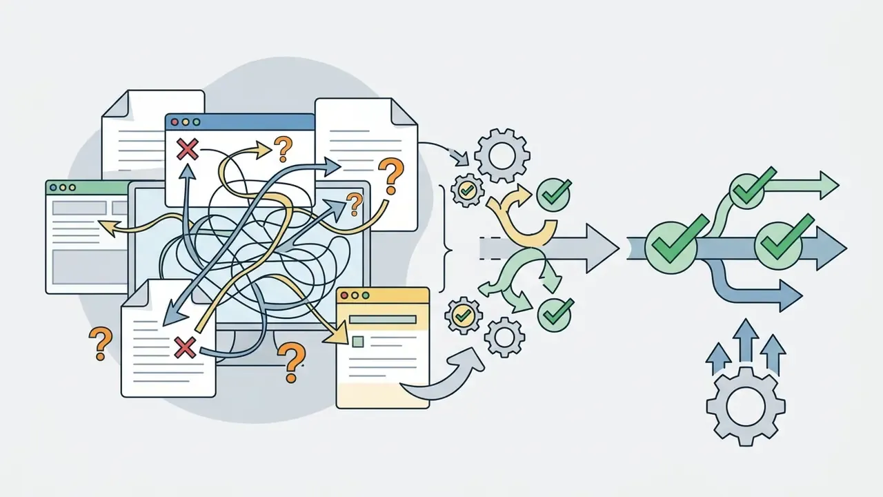 Tangled documents and questions feeding into a gear system that simplifies feedback into approved paths