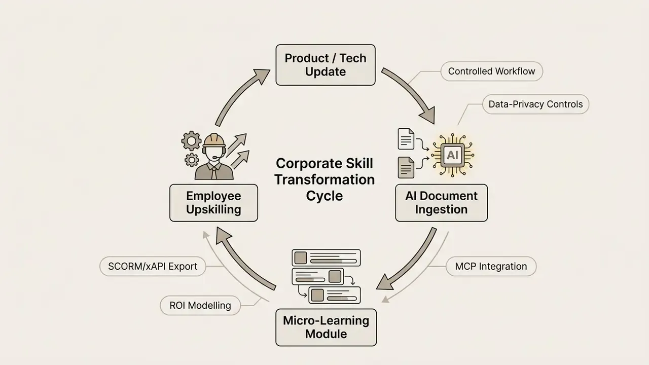 Circular diagram showing a corporate skill transformation cycle from product updates to employee upskilling