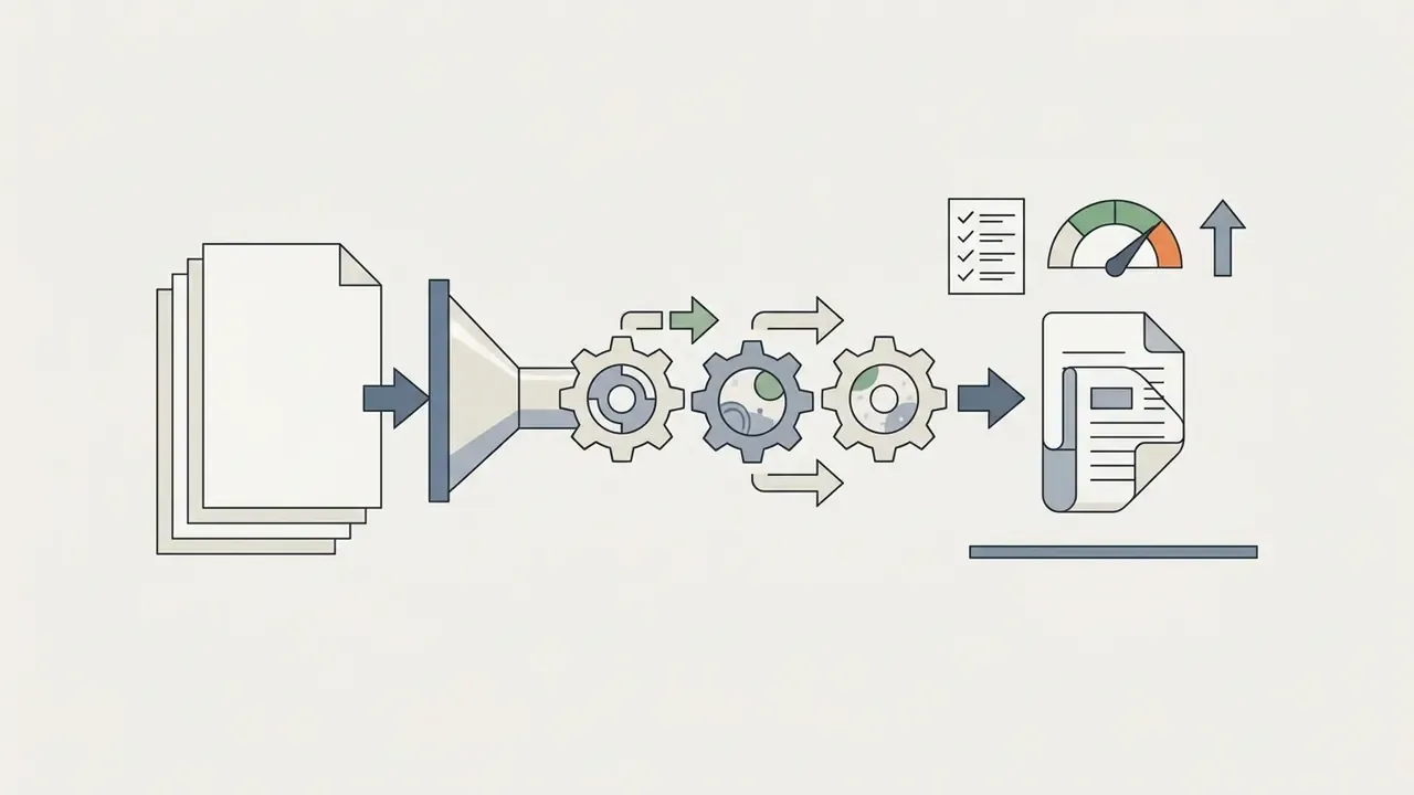 Documents feeding into a funnel with gears and a speedometer to produce a summarized text document