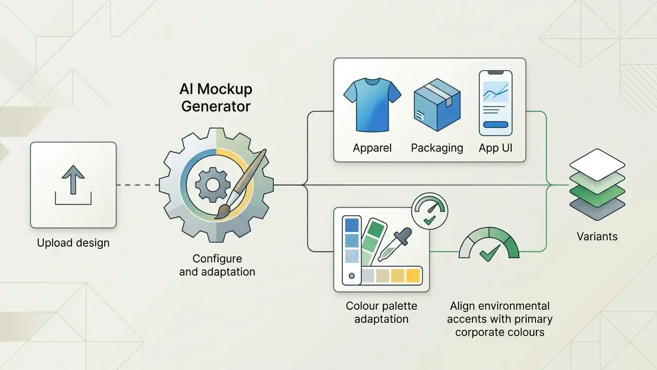 Visual representation of design upload, configuration, and color adaptation leading to final variants
