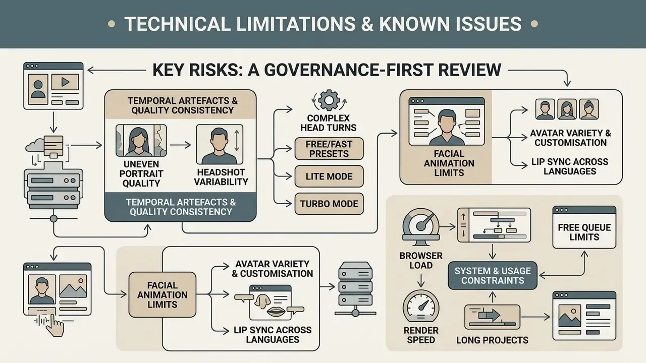Flowchart detailing Vidnoz AI technical risks including facial animation limits and system constraints