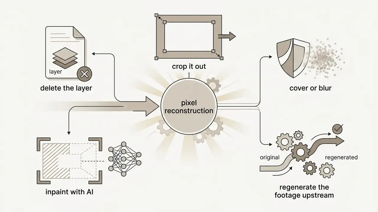Central pixel reconstruction concept surrounded by icons for layer deletion, cropping, blurring, and AI