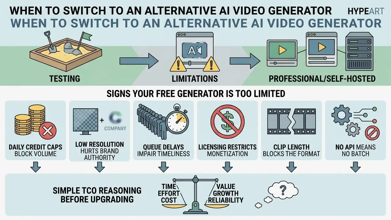 Flowchart showing transition from free AI video generator testing to professional or self-hosted tools