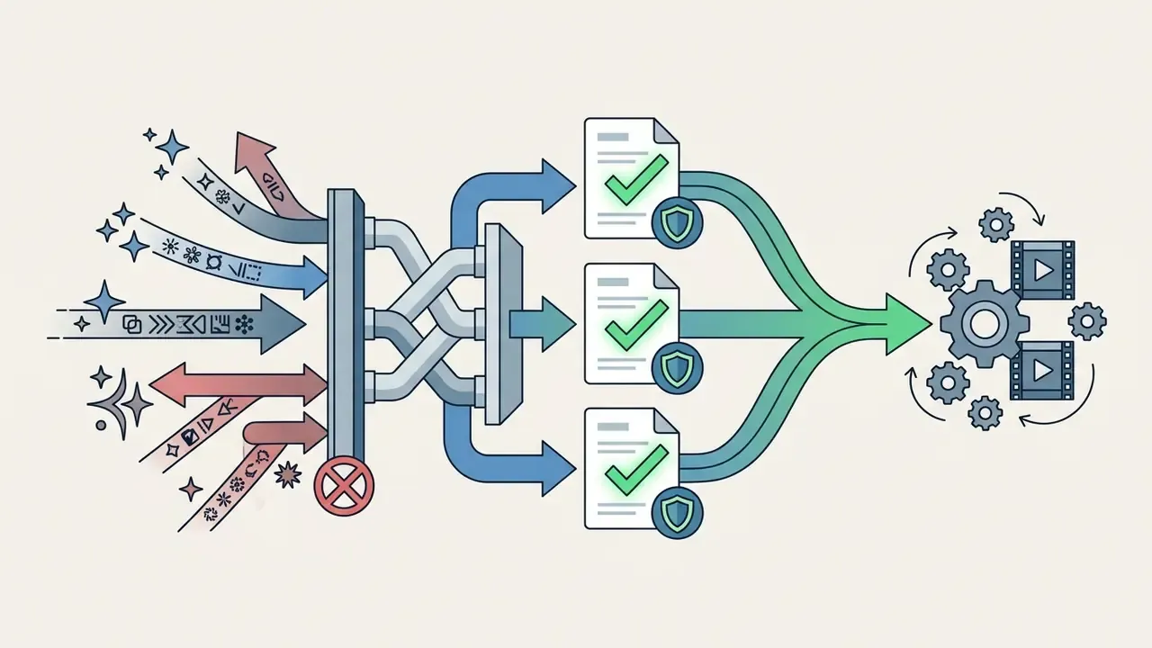 Diagram showing multiple data streams filtered through a gate to approved documents for media production