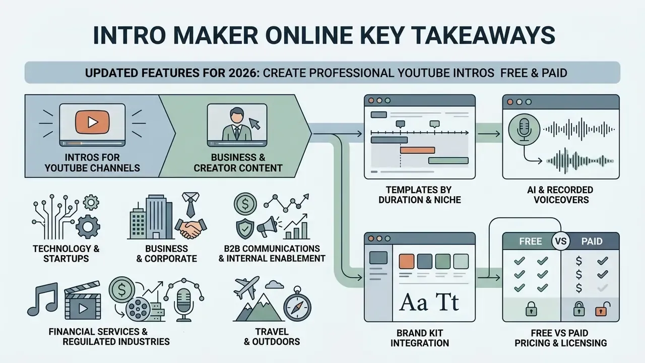 Infographic showing intro maker features including content categories, editing tools, and pricing models