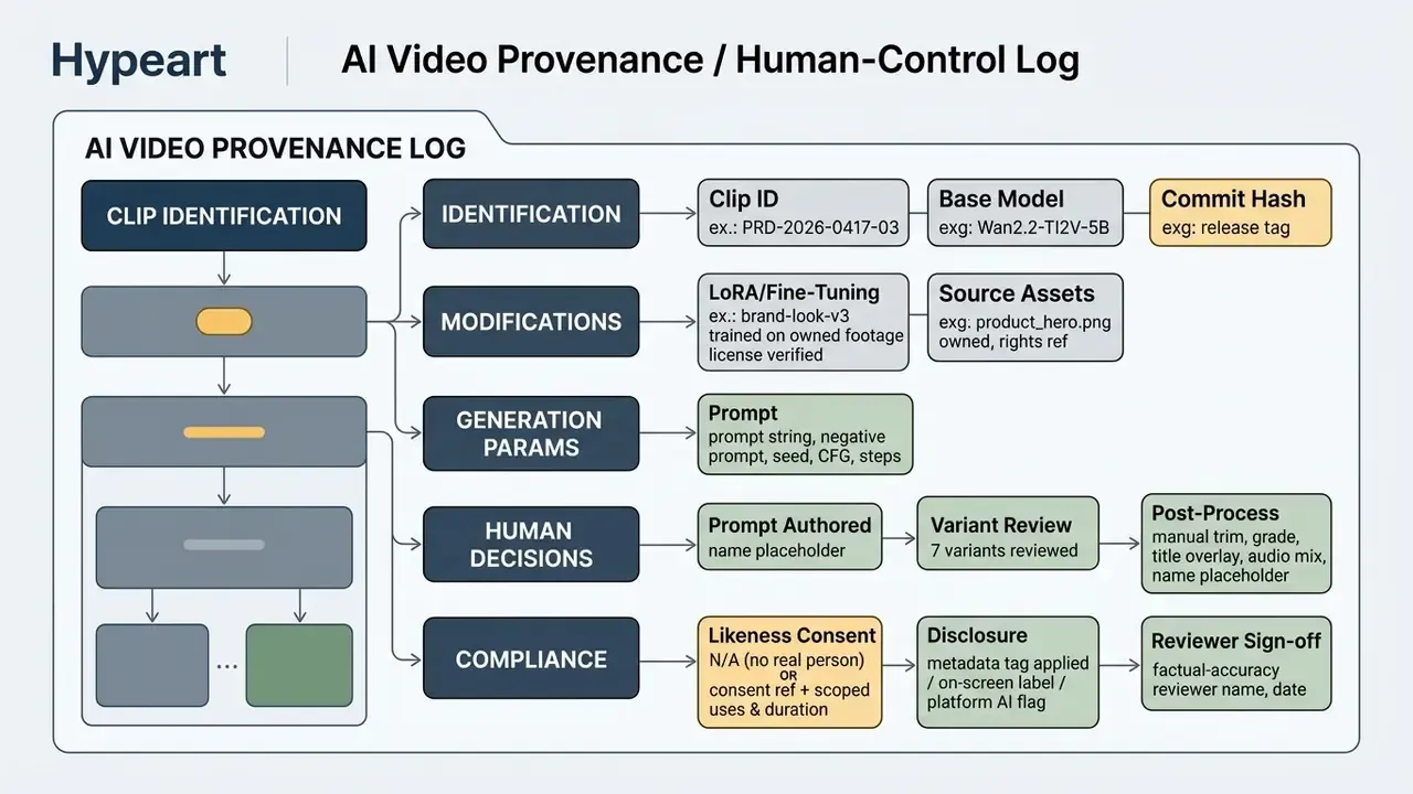 Structured flowchart detailing the provenance and human oversight steps for an AI video generator