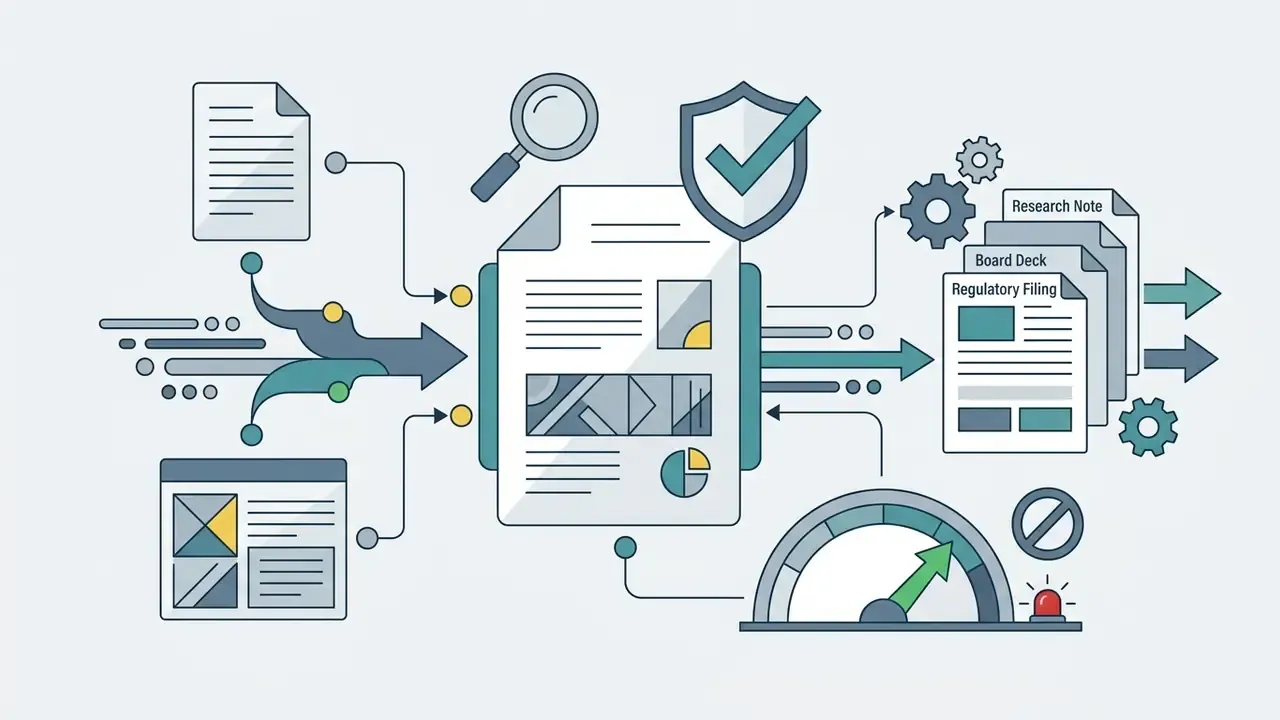 Workflow showing document verification with a central file, security shield, and output to professional reports
