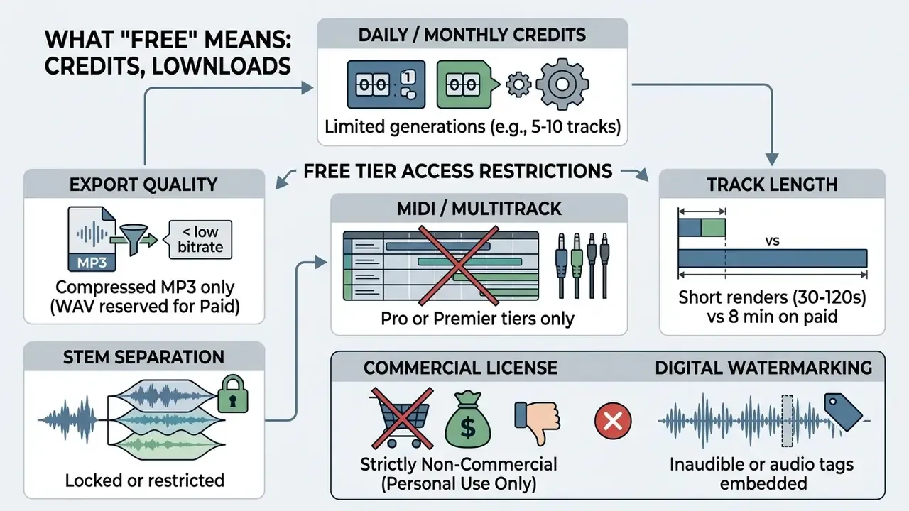 Block diagram outlining limitations on credits, export quality, track length, and commercial usage