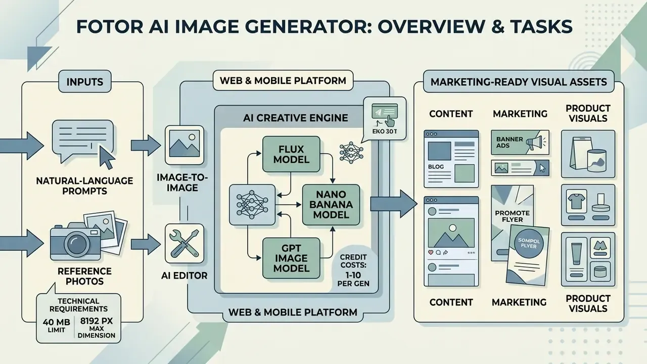 Infographic showing how the Fotor AI image generator converts text and photo inputs into visual assets