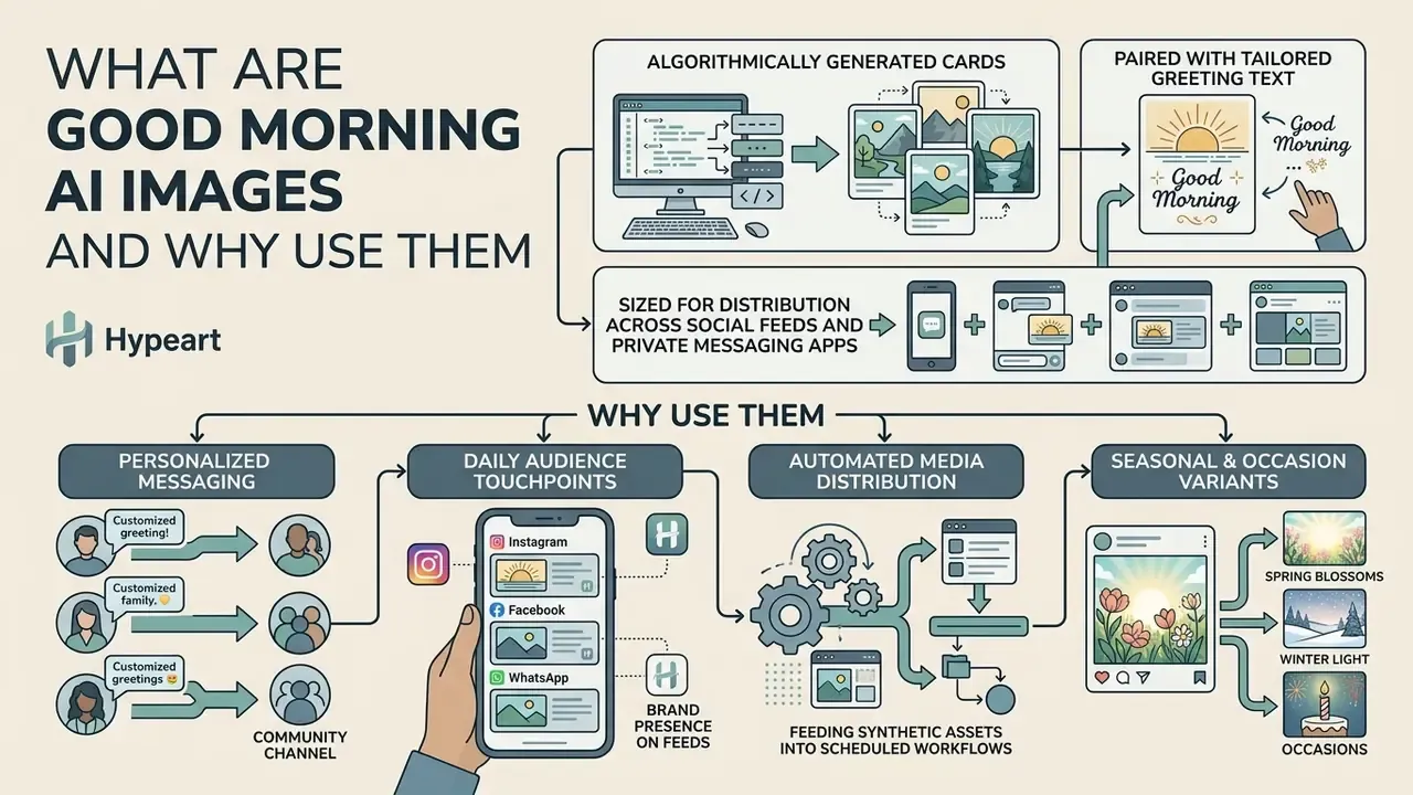Infographic showing how AI generates personalized morning images for social media and messaging apps