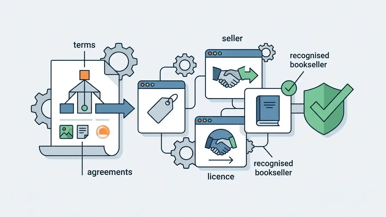 Document terms and agreements processing through gears to verify seller, licence, and bookseller status