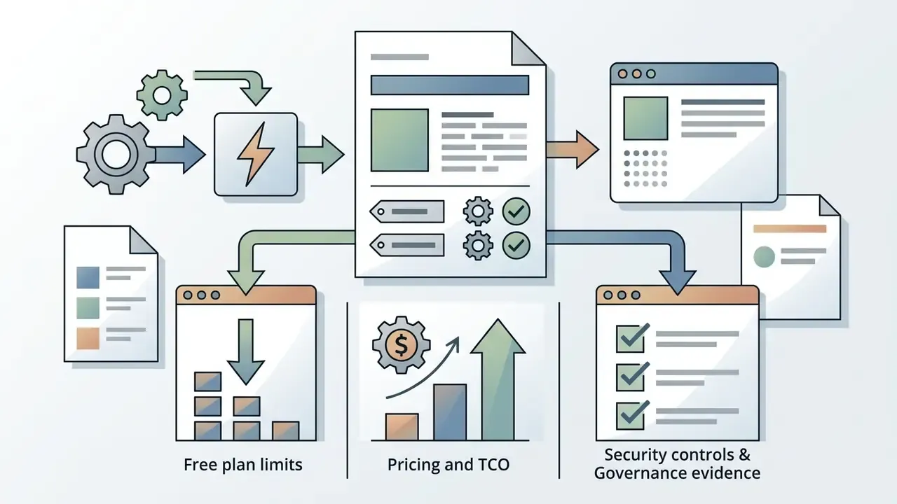 Documents feeding into a central hub that outputs to plan limits, pricing charts, and security checklists