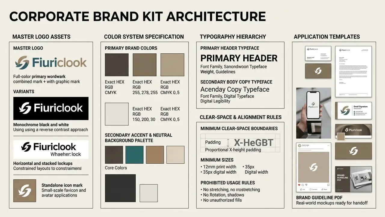 Layout detailing logo assets, color palettes, typography, and application templates for brand consistency