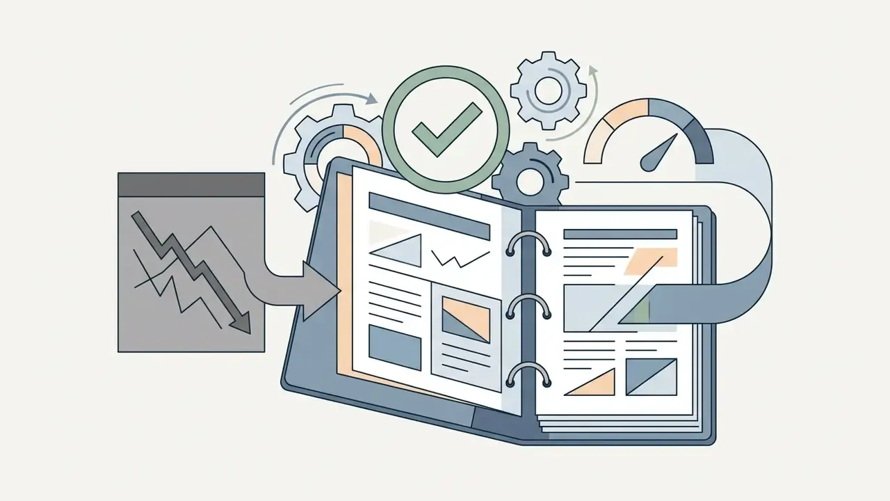 Document with a downward trend being processed by gears into a binder with a checkmark and speed gauge