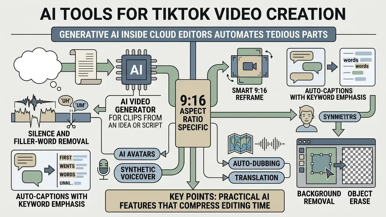Diagram illustrating how generative AI automates video editing tasks like captioning and background removal