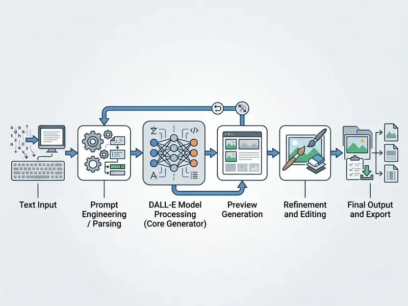 Diagram illustrating the DALL-E production pipeline from text input to final image refinement and export