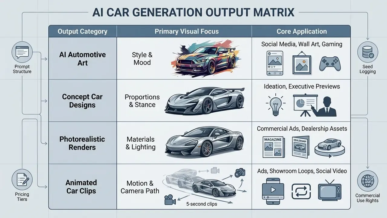 Table comparing automotive visual outputs by category, visual focus, and core application