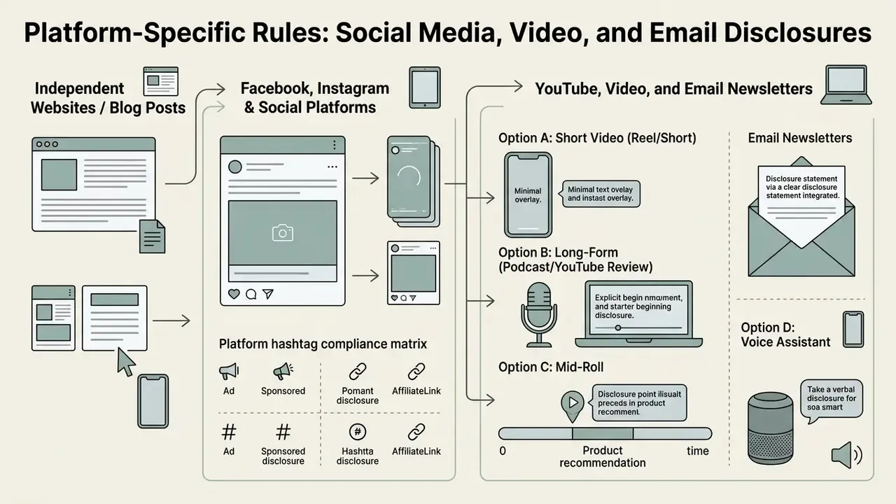 Flowchart comparing disclosure requirements for social media, video content, and email newsletters