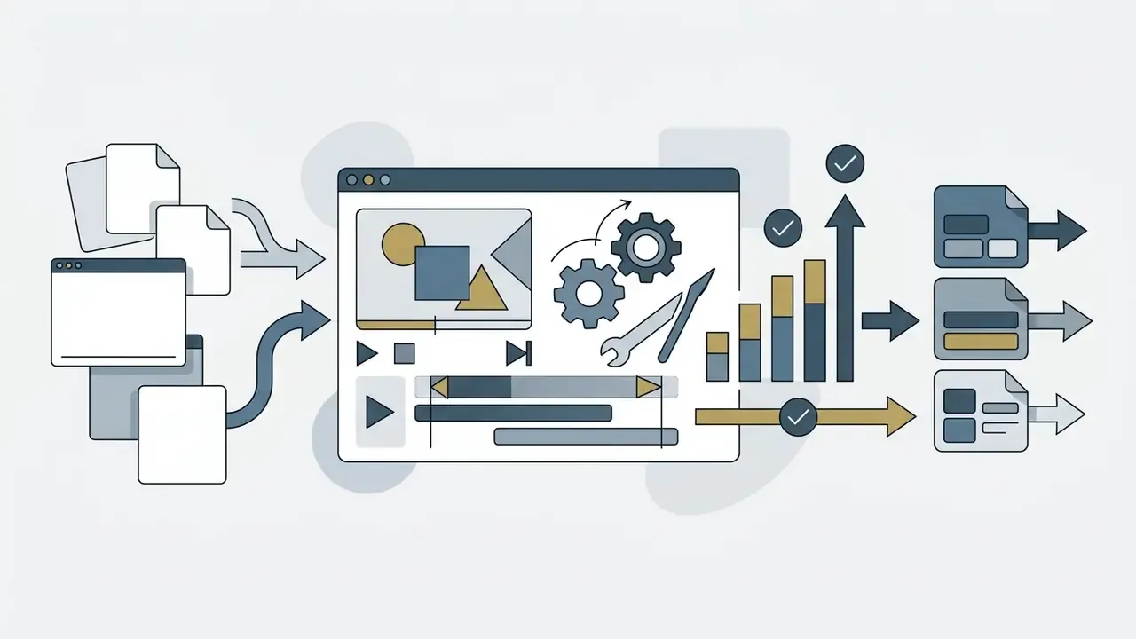 Process flow showing video file imports into an editing workspace with tools and final file exports