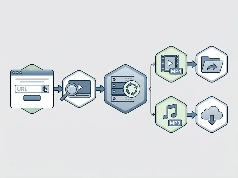Diagram illustrating the conversion process from a video URL to separate MP4 and MP3 file formats