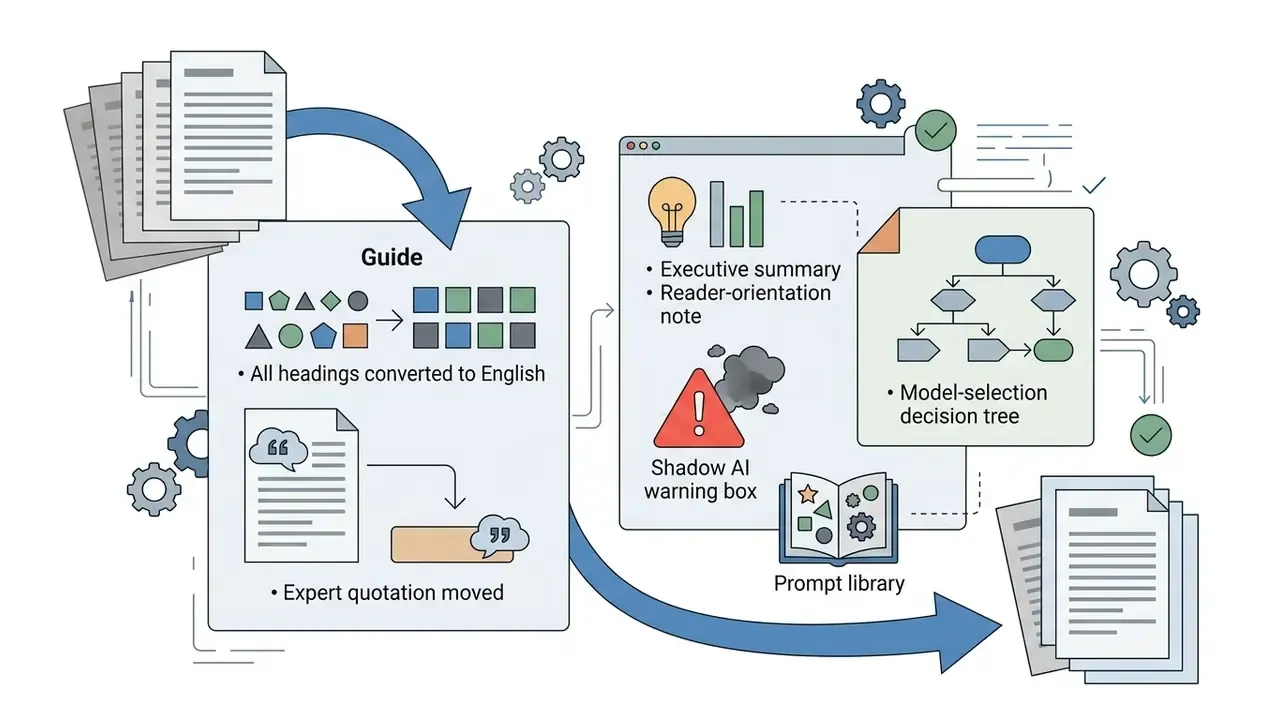 Documents moving through a series of boxes representing content updates and structural revisions