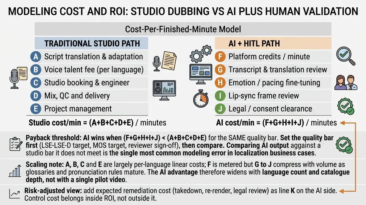 Table contrasting cost components of traditional studio dubbing versus an AI plus human-in-the-loop workflow