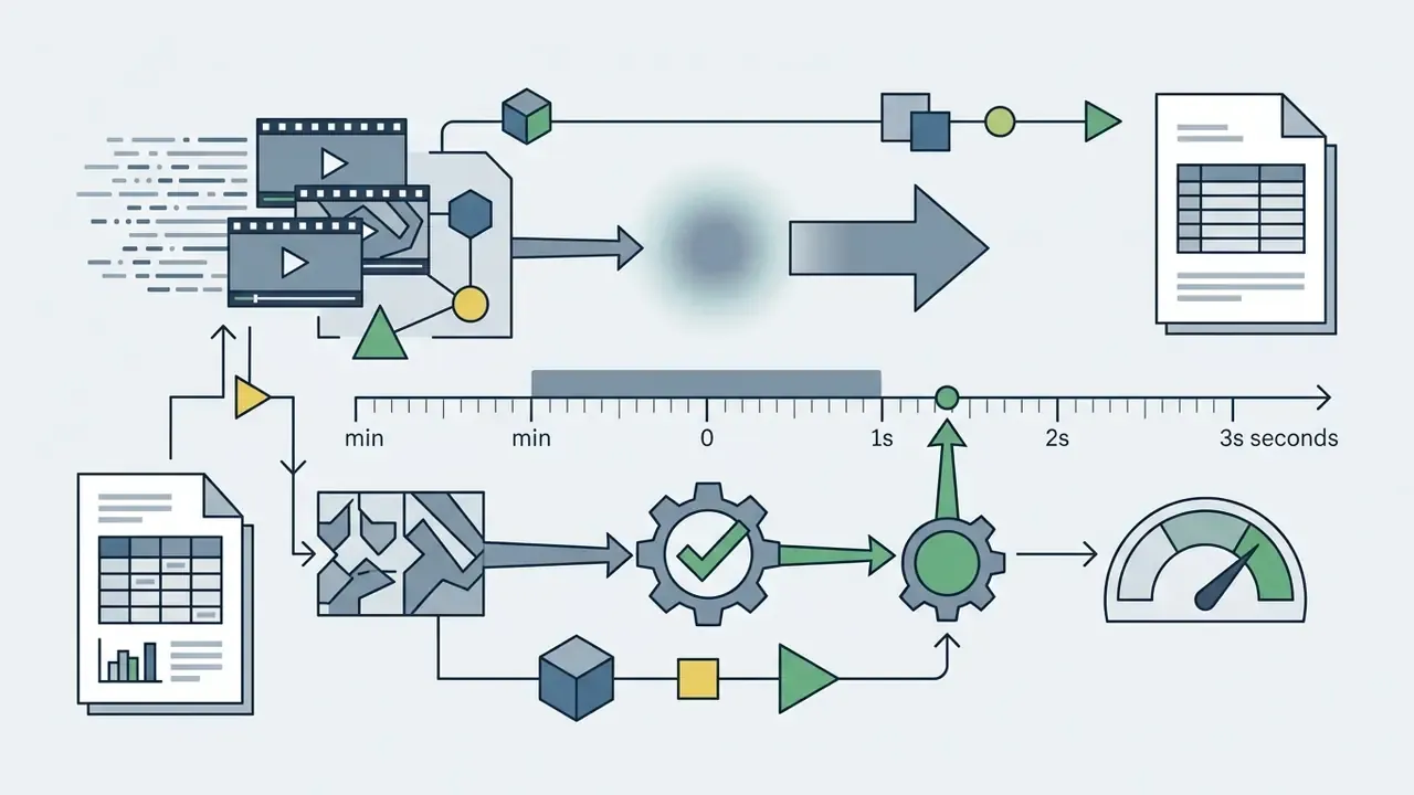 Video frames and data documents being processed through a timeline to measure temporal accuracy