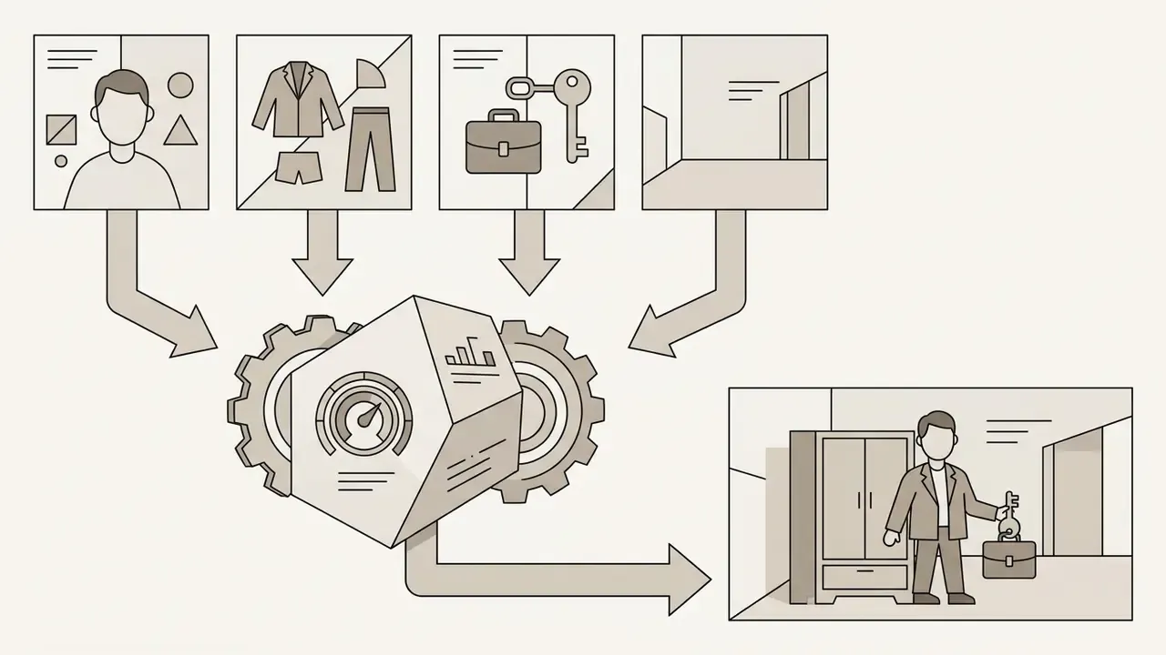 Four separate reference icons feeding into a central gear module to generate a single composite scene