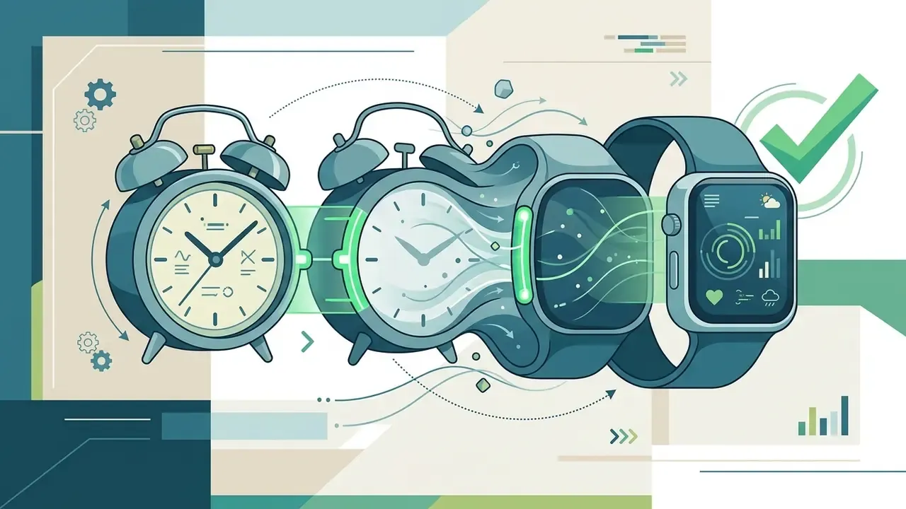 Analog alarm clock morphing into a digital smartwatch with flowing lines and a green checkmark