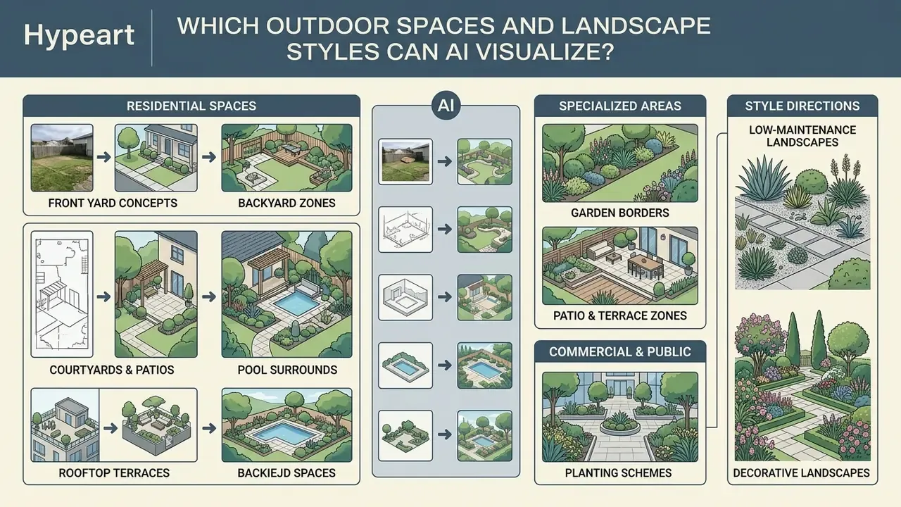 Infographic displaying various residential and commercial outdoor spaces visualized by AI design tools