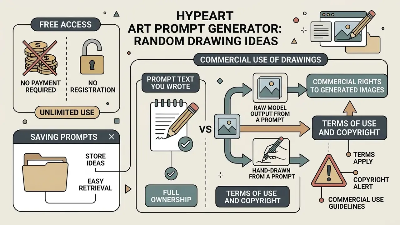 Infographic comparing commercial rights for raw model outputs versus hand-drawn prompt illustrations