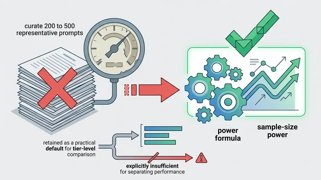 Stack of prompts with a red cross moving toward a gear system and power formula chart for sample size guidance