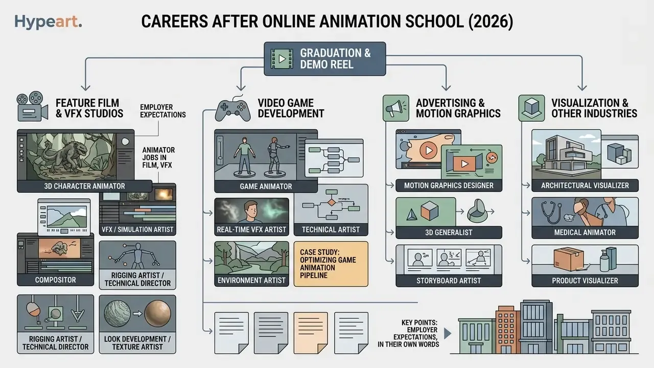 Flowchart showing career paths in film, gaming, advertising, and visualization after animation school