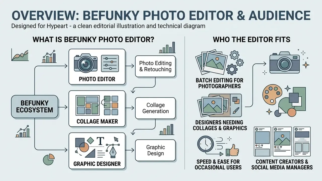 Diagram showing BeFunky tools for photo editing, collage making, and graphic design for various users