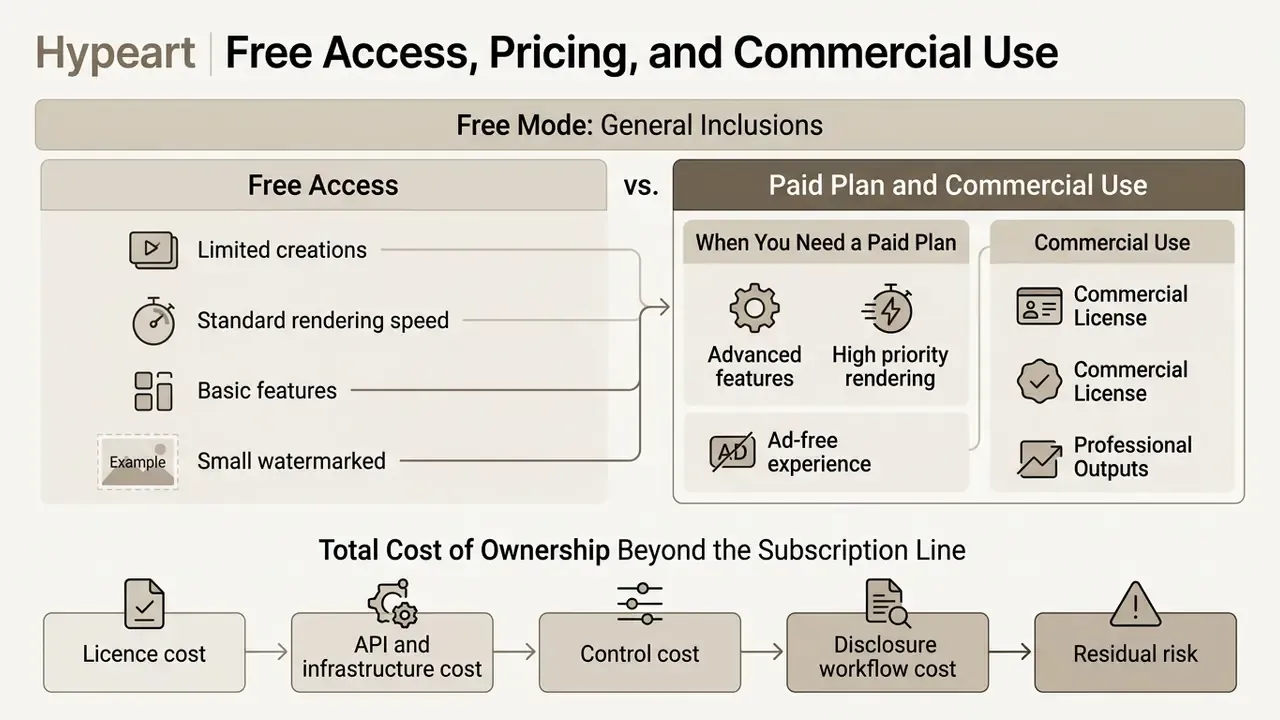 Comparison table between free access and paid commercial plans alongside a breakdown of ownership costs