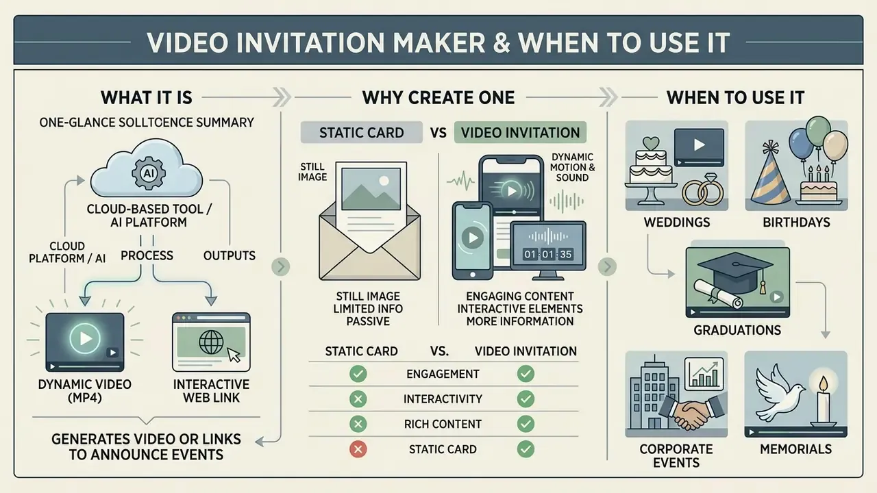 Infographic explaining how a video invitation maker works and comparing digital videos to static cards