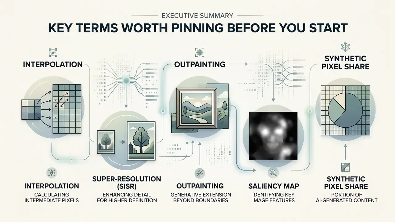 Infographic outlining five key technical terms used in AI image resizer processes and workflows