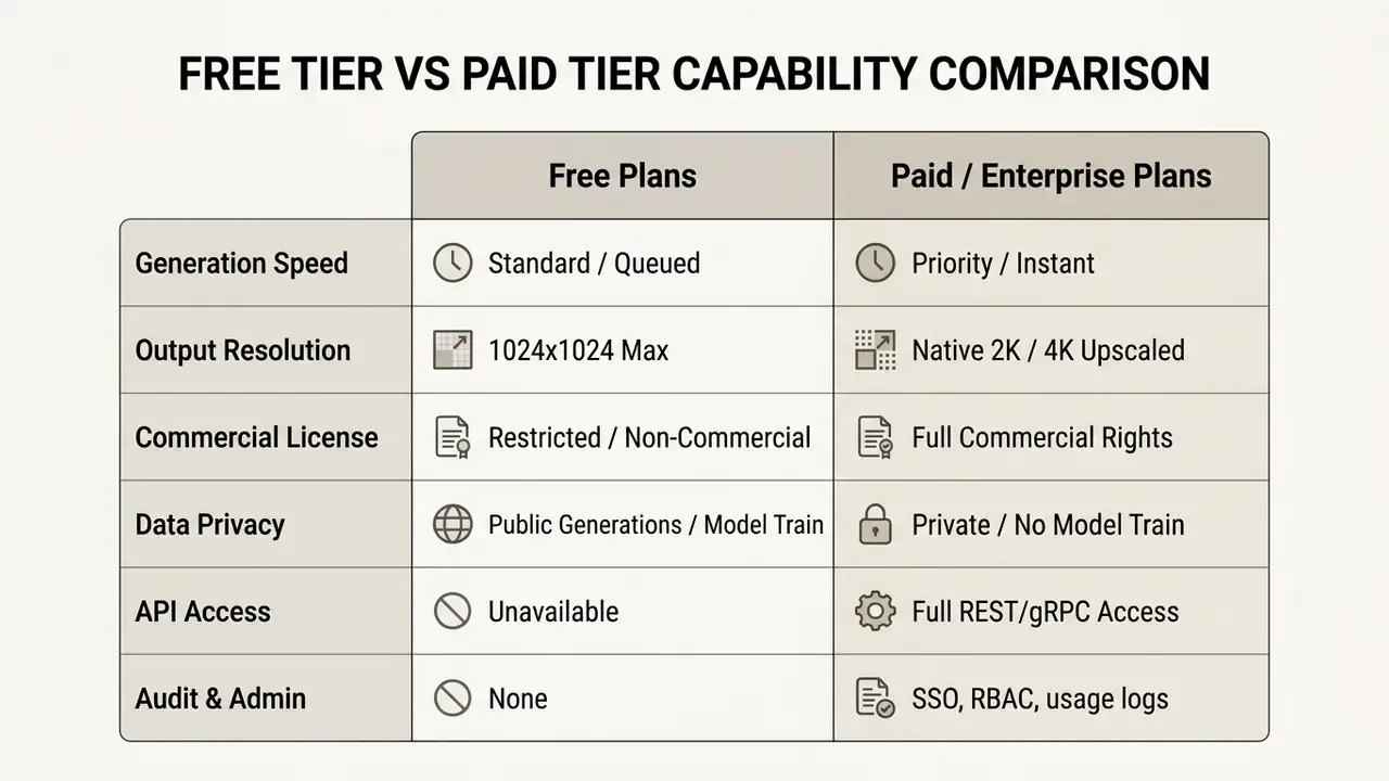 Table comparing features of free and paid AI image generator plans including speed, resolution, and privacy